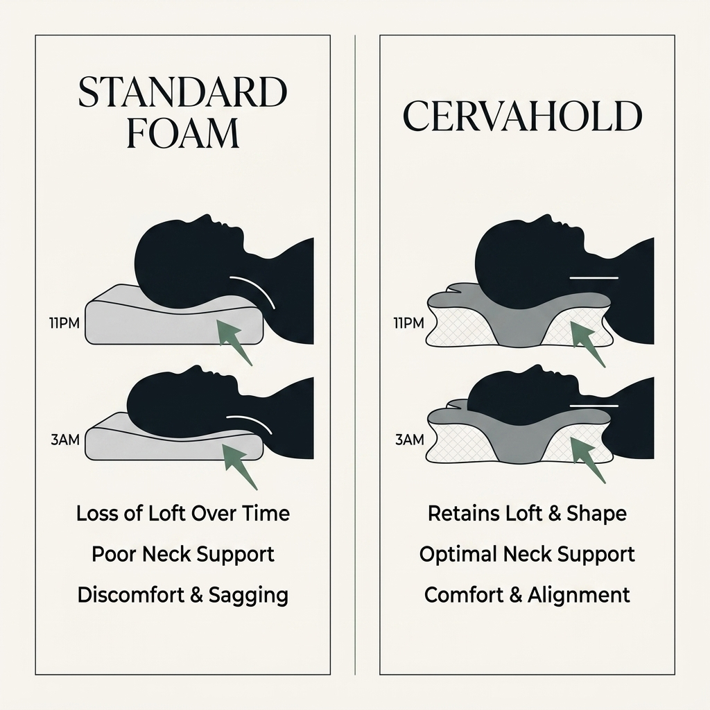 Standard foam loses loft by 3am — CervaHold holds position all night