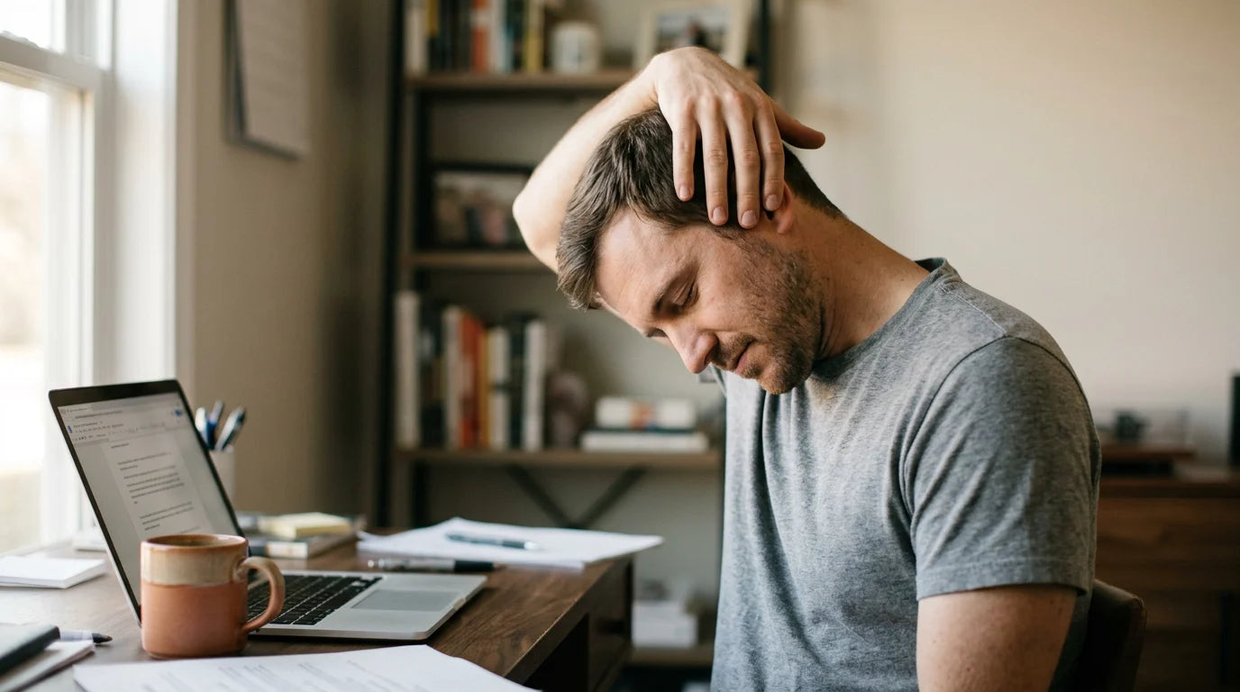 A man at a home office desk with one hand against the side of his head, twisting his neck