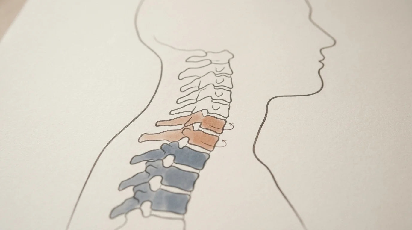 Side-profile illustration of the cervical and upper thoracic spine, with restricted upper segments shaded blue and over-mobile lower cervical segments shaded terracotta