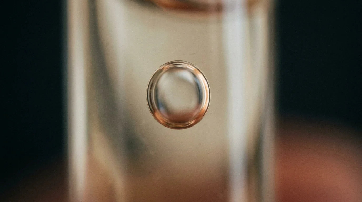 Macro photograph of a single air bubble suspended in clear fluid