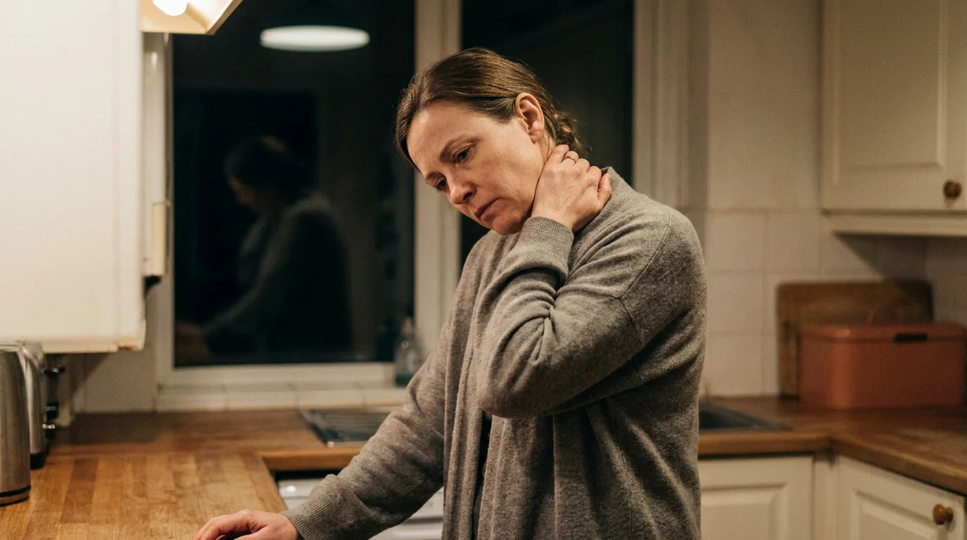 A woman standing in a dim kitchen at night with one hand on the back of her neck