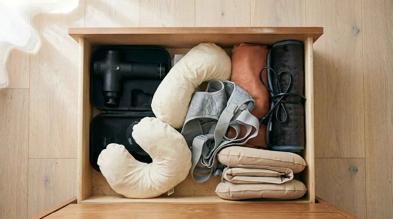 An open drawer filled with abandoned neck products: a massage gun, memory foam pillows, a posture brace, a heating pad and a traction collar