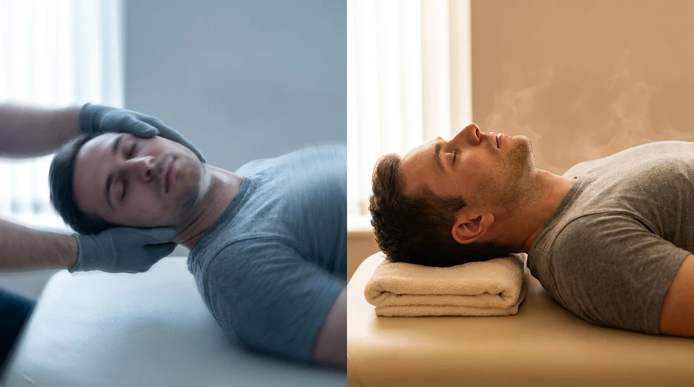 Split image comparing a fast twisting neck manipulation on the left with a neck resting still on a warm surface on the right