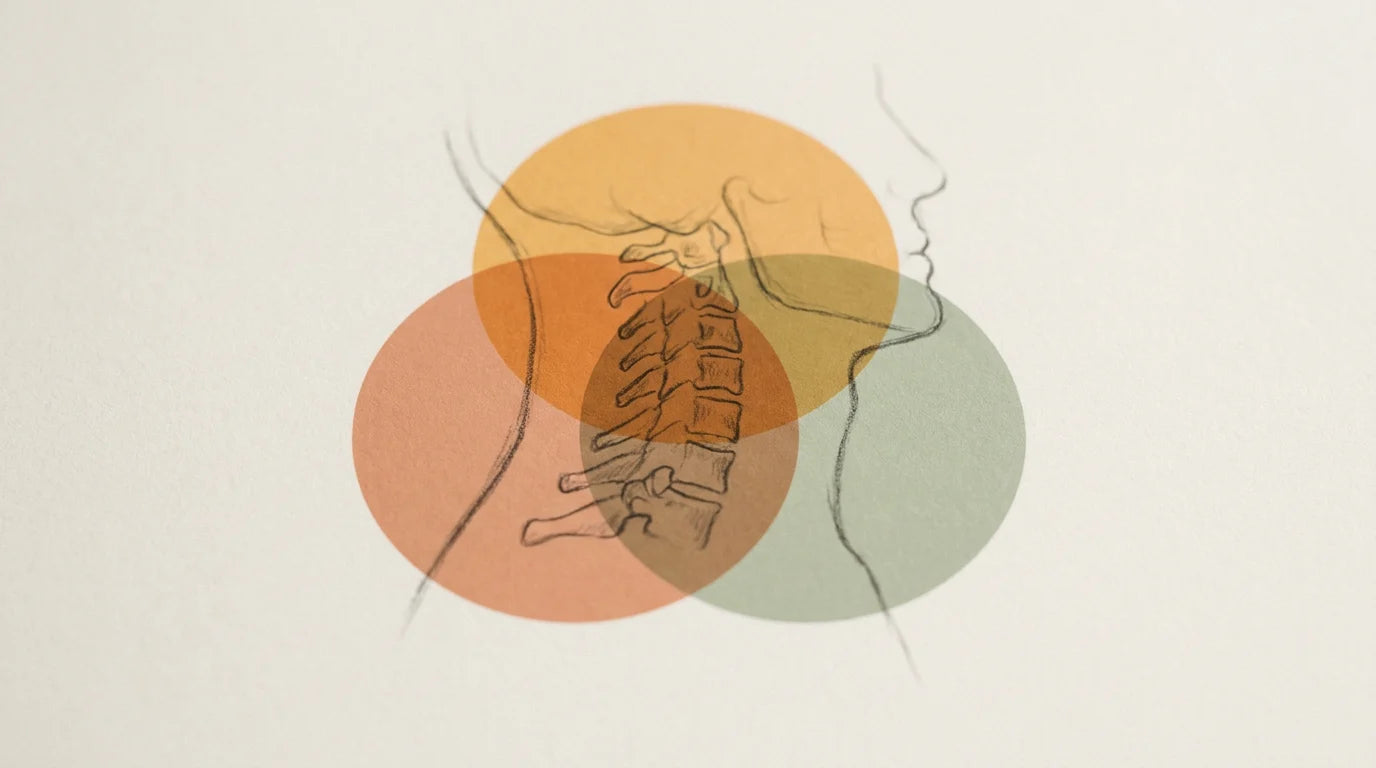 Diagram of three overlapping translucent circles above a faint line drawing of the cervical spine