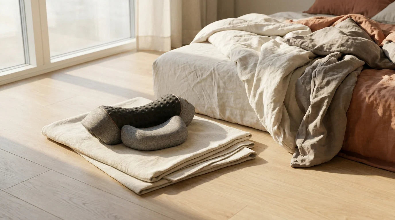 The THERMALIGN neck device resting on a folded cream linen throw on a pale oak floor beside a bed