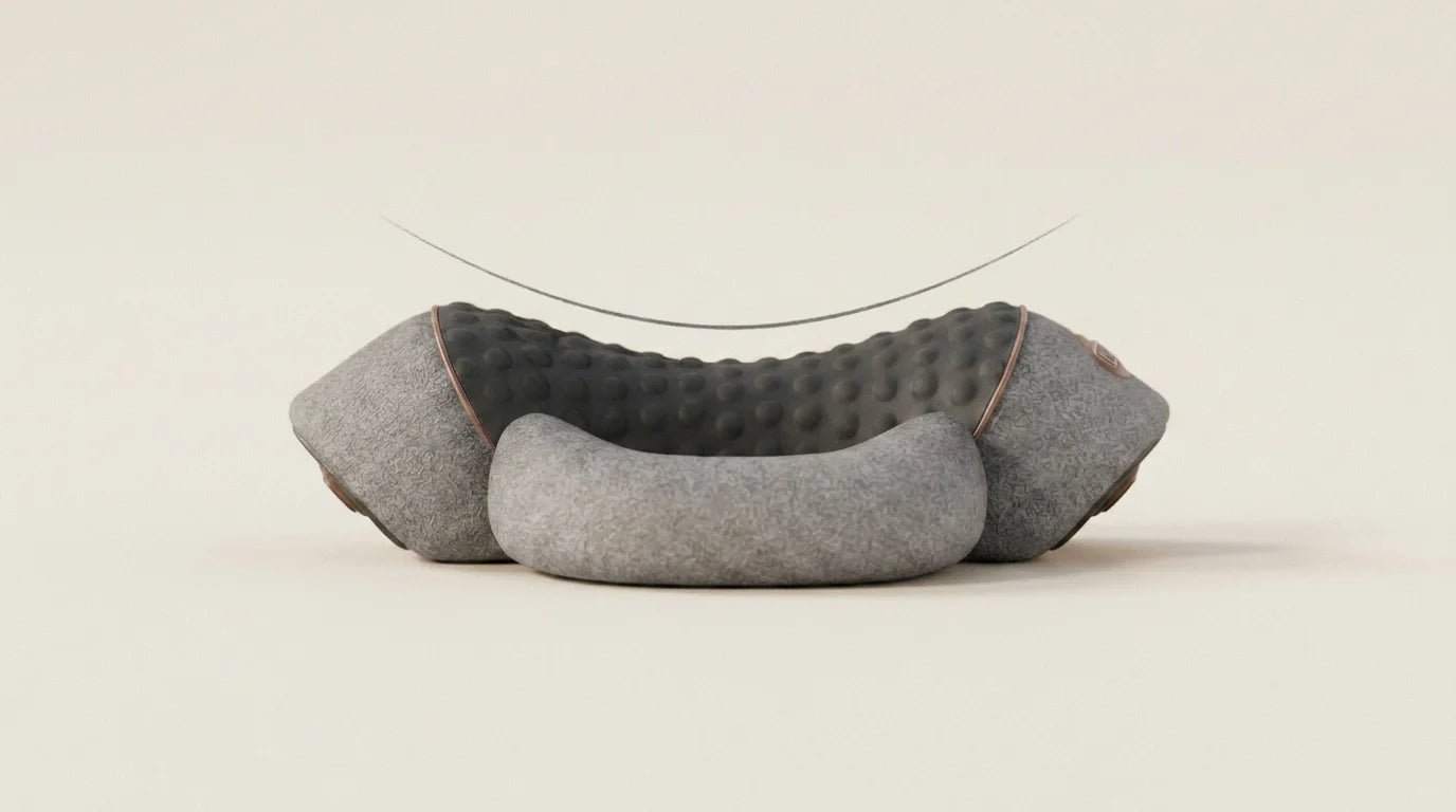 Side profile of the THERMALIGN device on a white background with a faint arc tracing the curve of the cervical spine