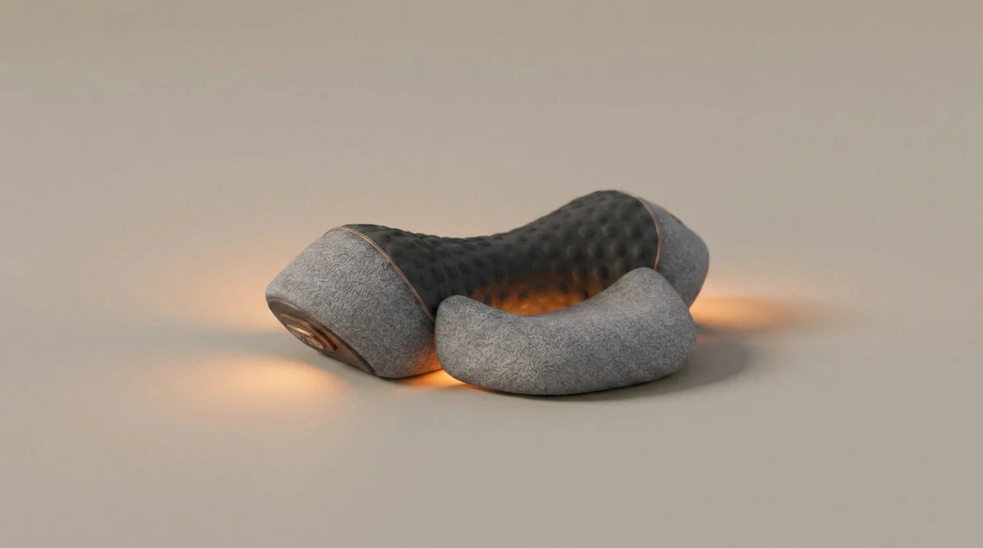The THERMALIGN device with a soft amber glow spilling from its contact surface
