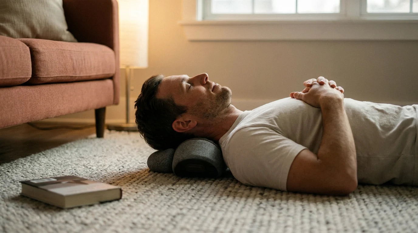 A man lying on a living room rug with the THERMALIGN device positioned under his neck, eyes closed