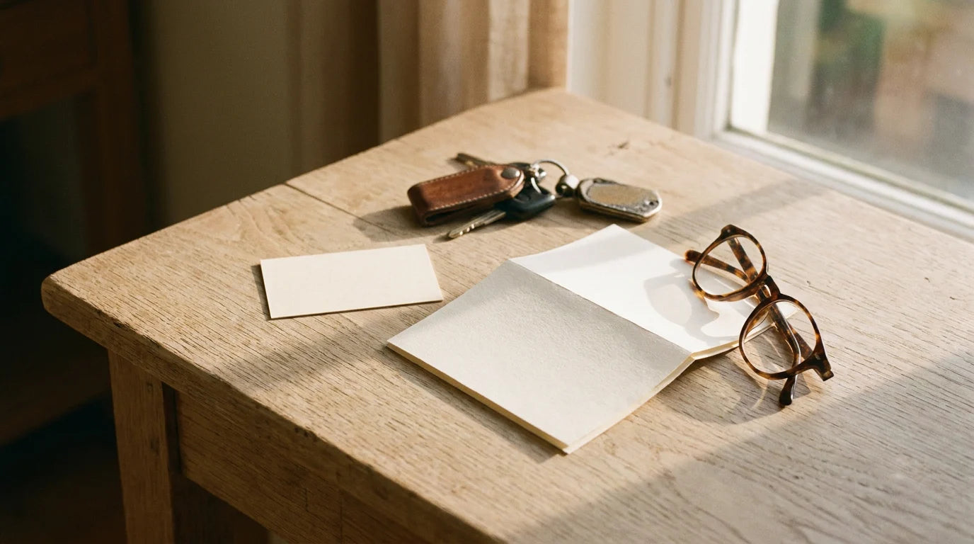 An appointment card, a folded invoice, car keys and reading glasses on a pale oak table