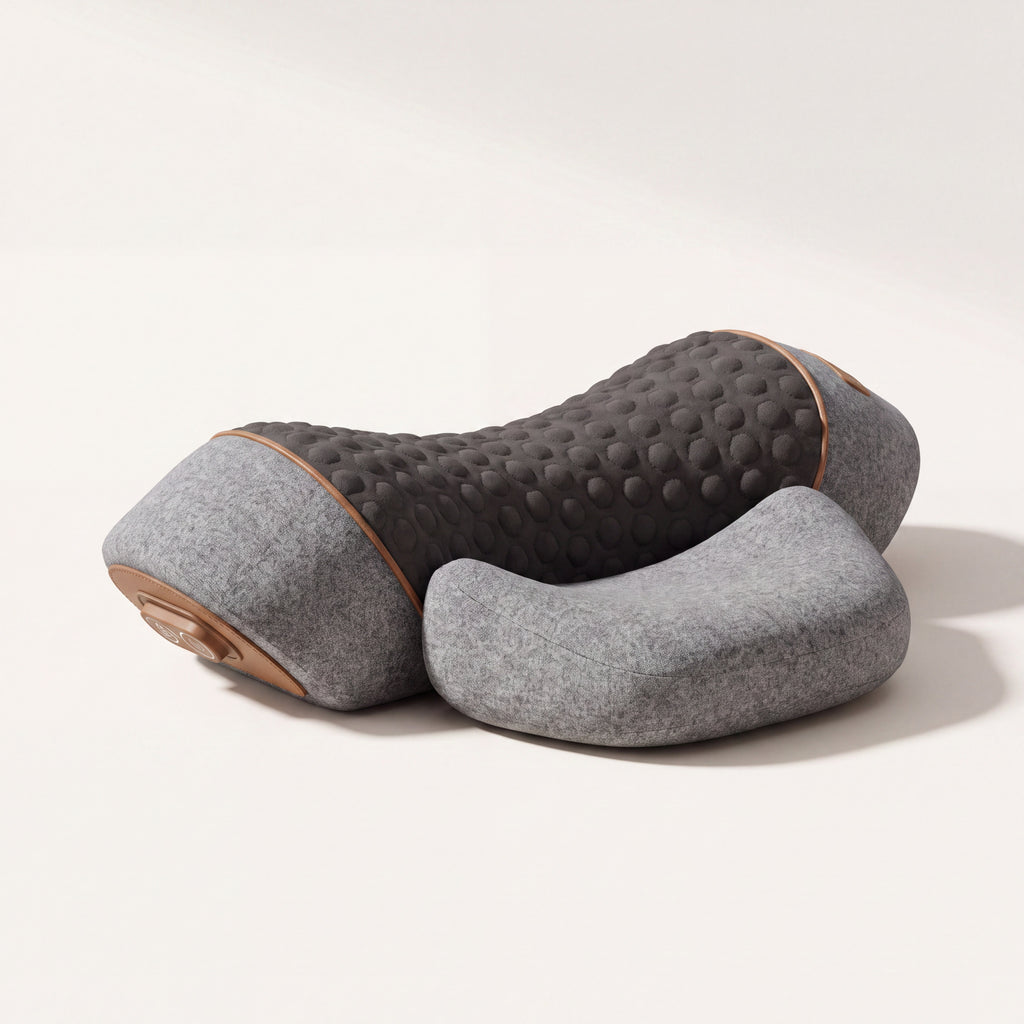 Tensorra Thermalign click-free neck device — charcoal honeycomb saddle with grey wings and tan trim