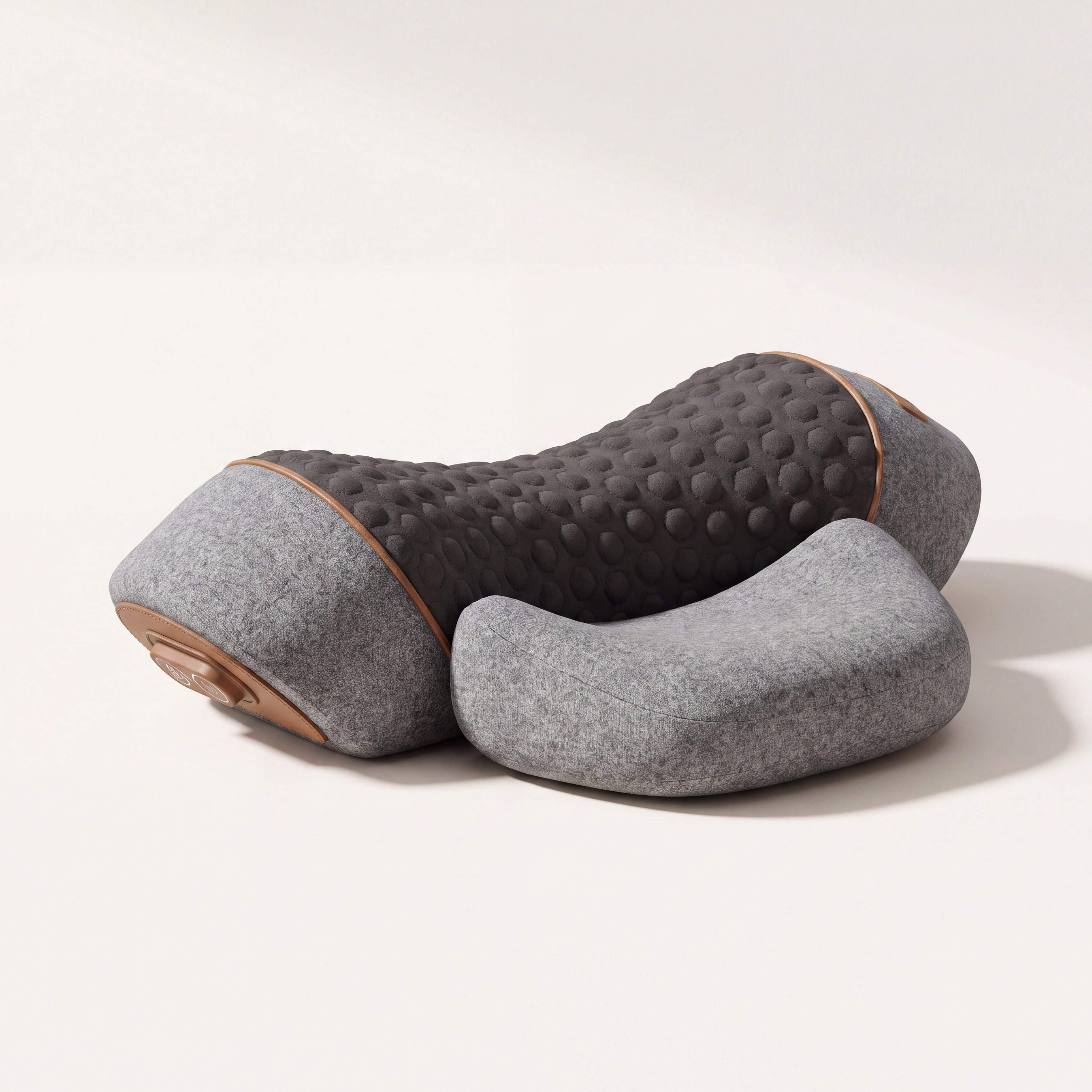 Tensorra Thermalign click-free neck device — charcoal honeycomb saddle with grey wings and tan trim