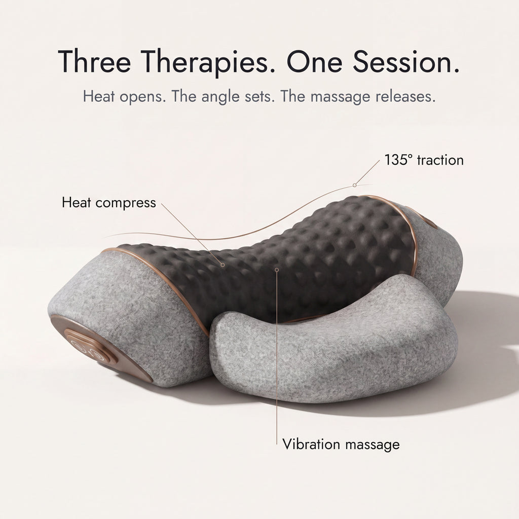 Three therapies in one session — heat compress, 135 degree traction, vibration massage