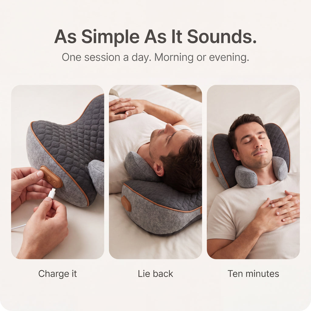 As simple as it sounds — charge it, lie back, ten minutes